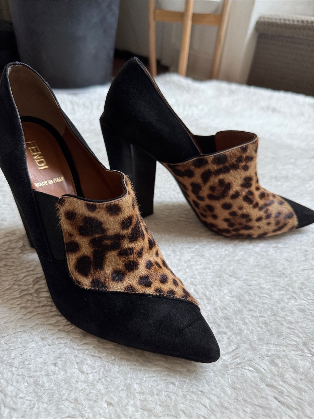 Fendi Black Suede & Leopard-Print Pointed Pumps